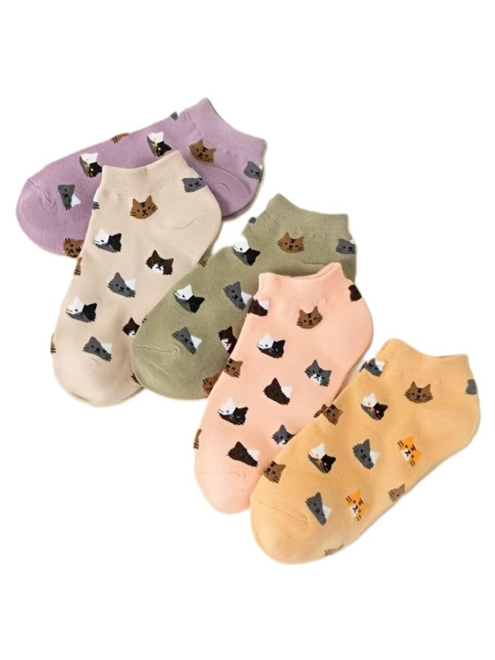 5-Pack Women's Cute Cartoon Cat Head All Over Print Ankle Cut Socks Mixed Set